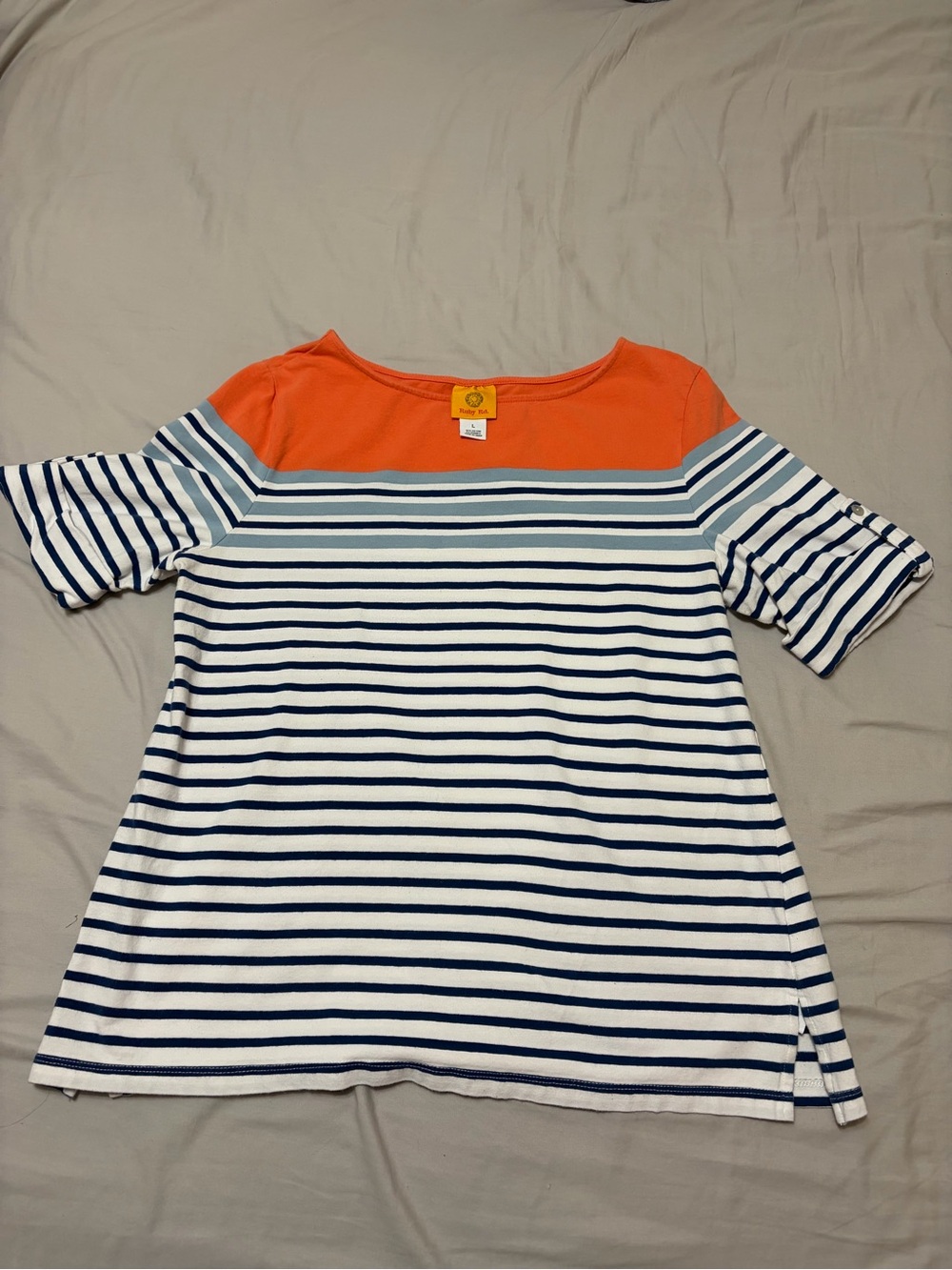 Womens’ Striped Navy & Coral Top - Casual Crewneck